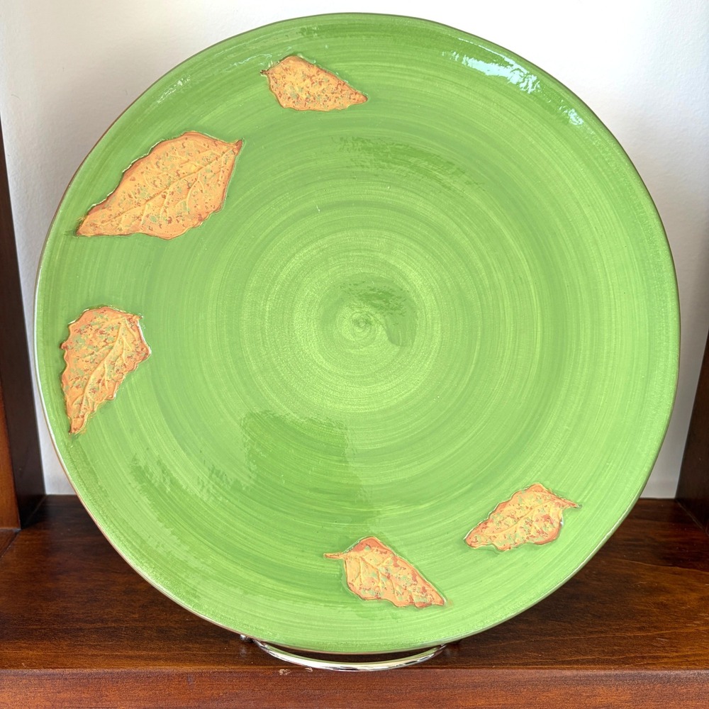 Foreside Ceramic Autumn Leaf Serving Plate Green Orange Fall Harvest 10.75 inch